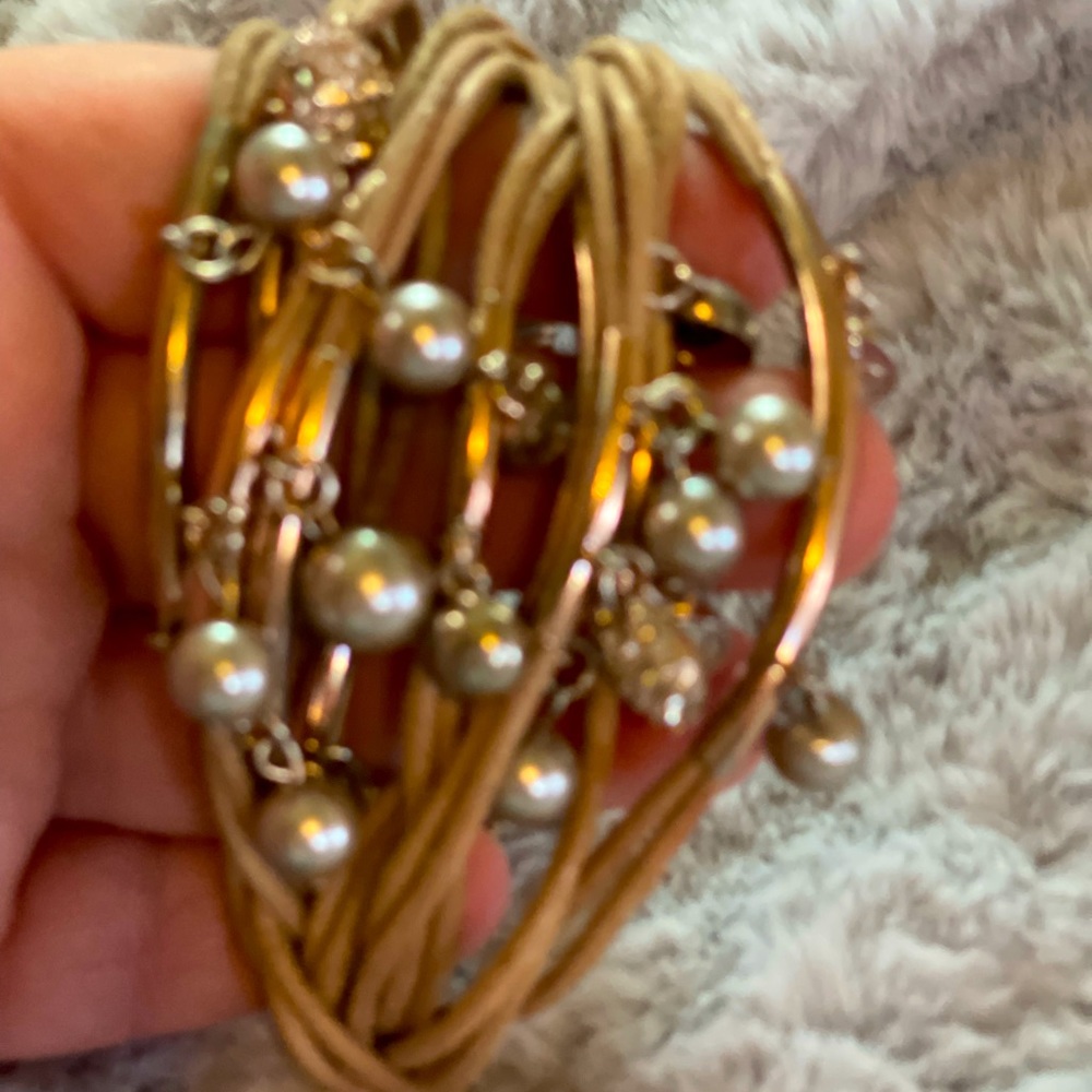 Very sparkly faux leather multi strand charm with pearls & crystal in tan- USED